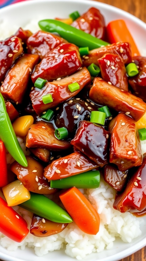 Honey soy duck stir-fry with vegetables on a plate, garnished with sesame seeds and green onions, served over rice.